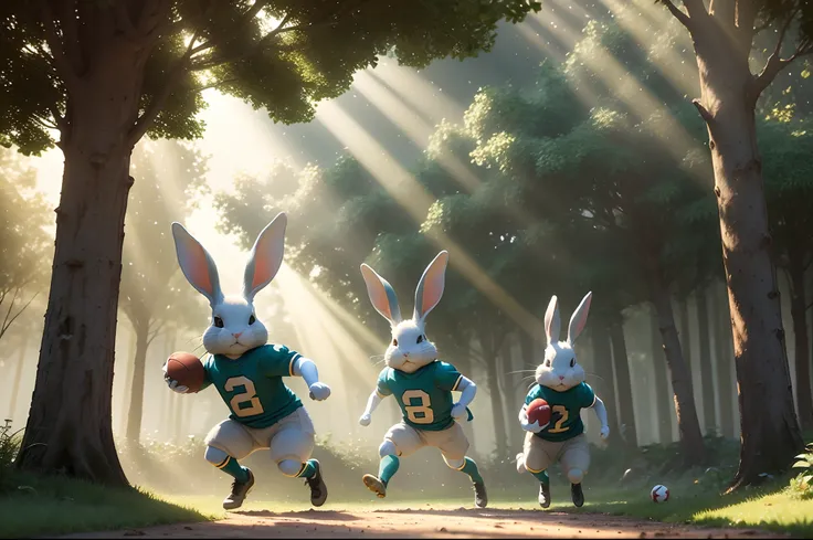 Rabbits with sport clothing playing football in a garden in middle of an enchanted forest, rays of light filtering through the trees, slightly dusty atmosphere above the garden, 3d render, Pixar style, very detailed.