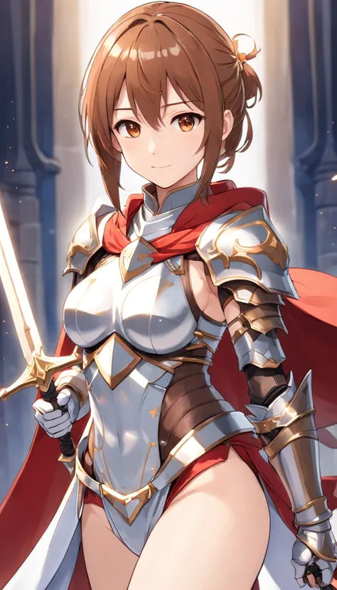 Asuna, Asuna_(As estrelas), (1girll,Solo) ,Fantasy, hight resolution, 19 Private, Original, (Sheath on the waist:1.3), Smile, (White Knight Wizard Chief Cloak:1.5), Short hair, medium breasts, view the viewer, Bangs ,Hazel Eye Detail, , Hands on the chest,...