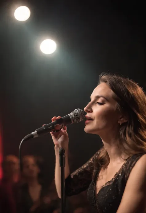 um palco de show iluminado com uma banda completa, e uma cantora a frente da banda.