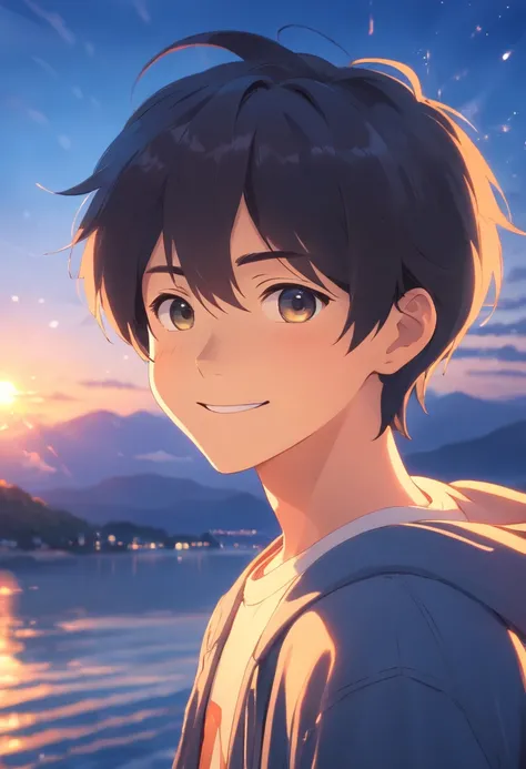 masterpiece, best quality, movie still, Rear view, primary school５Grade Boy, Fun eyes, a smile, with light glowing,,Detailed face, Black hair, close-up, bright, happy, warm soft lighting, sunset, (sparks:0.7)