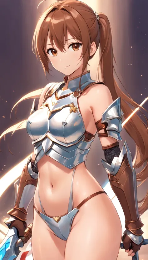 Asuna, Asuna_(As estrelas), (1girll,Solo) ,Fantasy, hight resolution, 19 Private, Original, (Sheath of the waist:1.3), Smile, , Short hair, medium breasts, view the viewer, Bangs ,Hazel Eye Detail, , Hands on the chest,(Brown hair,short ponytail hair:1.5),...