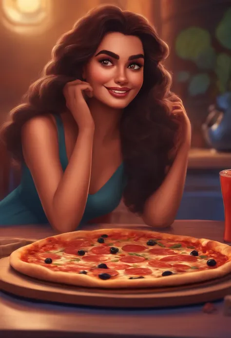 personagem inspirado na disney pixar de um homem e uma mulher comendo uma deliciosa fatia de pizza