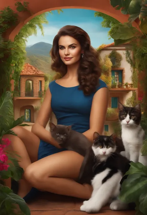 Uma mulher com um gato na numa casa e com os cachorros