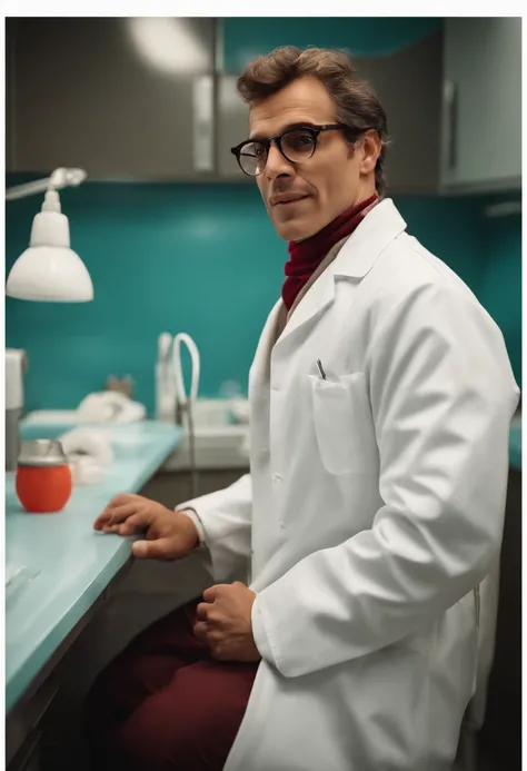 homem careca, bespectacled, White coat in a dentists office