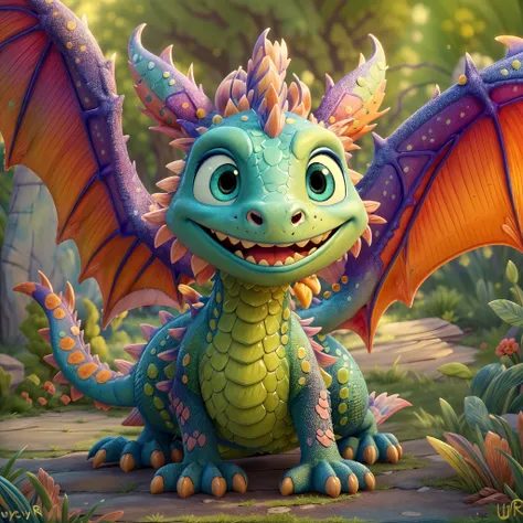 (best quality, highres, masterpiece:1.2), ultra-detailed, realistic, cute dragon in Pixar cartoon style, vibrant colors, dynamic lighting, magical atmosphere, detailed scales, expressive eyes, friendly smile, fluffy texture, adorable pose, whimsical backgr...