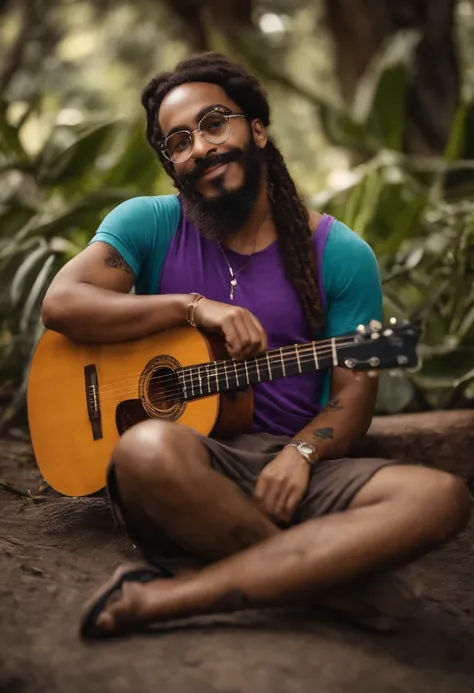 Criar uma imagem estilo Pixar,um homem de 20 anos com bigode aparado e cavanhaque e cabelo dreadlock, Black frame prescription glasses with hoop earrings on ears pircing on purple tank top nose Bermuda shorts and leather sandal on feet Tattoo playing class...