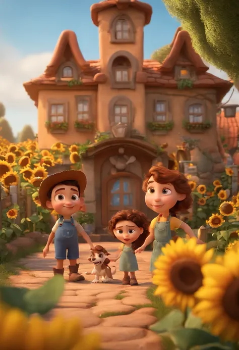 Create a Disney PIXAR-style 3D poster. ((centro da imagem, Triplets)), ((3 children)) ((1 menino no meio e 2 meninas ao lado, Theyre hugging each other, O menino tem pele castanha e cabelos castanhos escuros e olhos castanhos escuros, 1 menina tem pele cla...