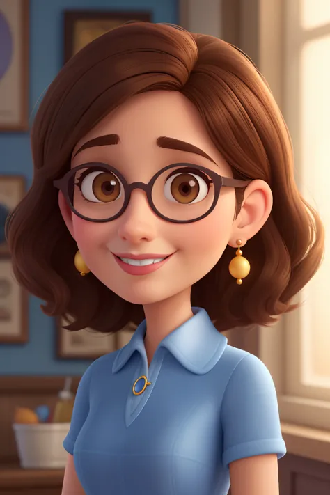 Create 54 year old woman, pixar-disney style, straight dark brown hair length to the shoulders, pretty round face shape, highlighted light honey colored eyes, small thin nose, normal mouth shape without exaggeration, half oval shaped glasses in light brown...