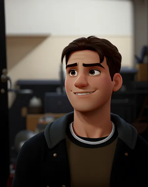 Poster estilo disney pixar. Jovem masculino bonito, brasileiro, Italian descent, 20 anos, cabelos castanhos, cabelos ondulados, olhos castanhos, cabelo taper fade