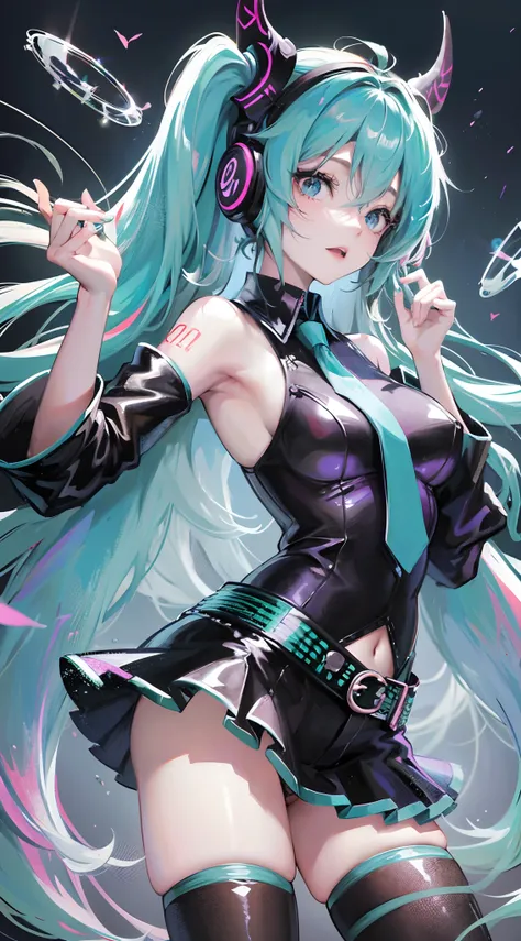 Absurdres masterpiece HDR high quality picture of Hatsune Miku, very young age girl 14 years old with detailed face, simple hair design , beautiful face, hands on waist and hands are hiding in her hair and clothes , very long hair, ((random hair style:1 ))...