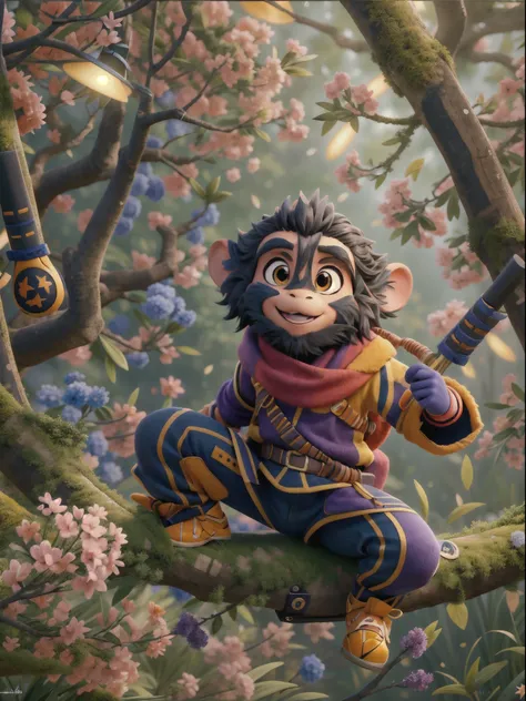 (best quality,4k,8k,highres,masterpiece:1.2),ultra-detailed,(realistic,photorealistic,photo-realistic:1.37),monkey,dressed like a ninja,Pixar movie style,playful expression,attentive eyes,ninja costume,hovering mid-air,floating leaves in the background,sty...