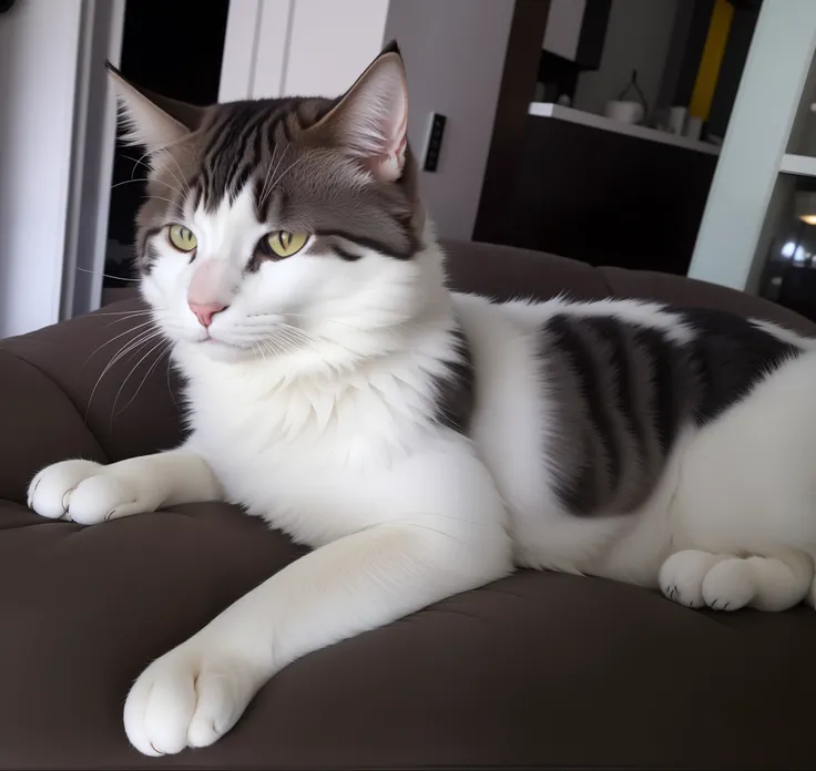 There is a cat that is lying on a couch, peludo bonito precisa de sua ajuda, tommy 1 6 anos de idade, Smokey, muito bonito, maximus jacobs, cat female with a whit and chest, SFW, um bonito, Very detailed!, olhar orgulhoso, fazendo uma pose elegante, circun...