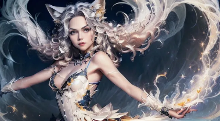 (1 girl standing, Full-bodied and with white-skinned fox ears before the full moon is a huge nine-tailed white fox:1.5), fantasia raposa amor, Raposa de cabelos brancos, anime raposa branca, anime fantasy illustration,(Fundo com a lua cheia, dentro da flor...