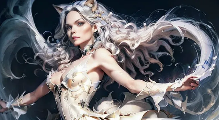 (1 girl standing, Full-bodied and with white-skinned fox ears before the full moon is a huge nine-tailed white fox:1.5), fantasia raposa amor, Raposa de cabelos brancos, anime raposa branca, anime fantasy illustration,(Fundo com a lua cheia, dentro da flor...