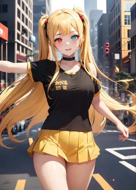 Masterpiece, Top Quality, 1girl, (Young Woman), Solo, Blonde Twin Tails, Big, Thighs, (((Heterochromia Eyes)), Fluttering Yellow Mini Skirt, Black T-Shirt, Happy, (Embarrassing), ((Red Cheeks)), (Date in the City), Colored Hair