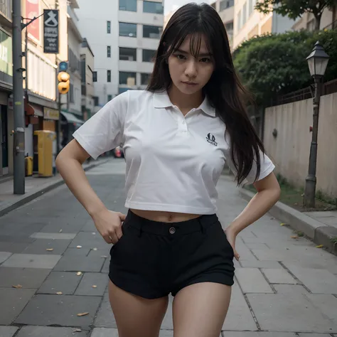 cuerpo completo. Beautiful 25 year old South Korean girl, cabello negro, Dressed in polo shirt and shorts running down the sidewalk of Seoul, textura de piel gran angular, ultra detallado, Detalles intricados, octanaje renderizado, iluminacion volumetrica,...