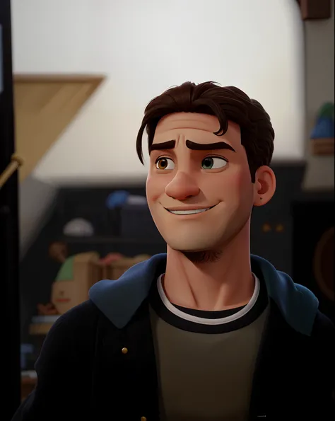 Poster estilo disney pixar. Jovem masculino bonito, brasileiro, Italian descent, 20 anos, cabelos castanhos, cabelos ondulados, olhos castanhos, cabelo taper fade