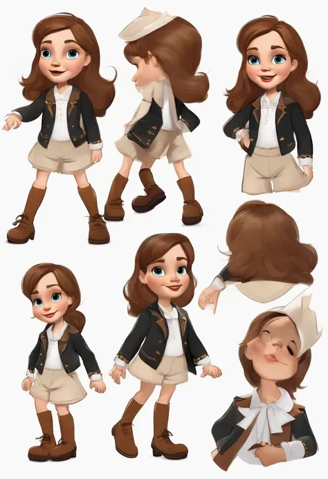 Make a model sheet of the character Alice in various poses and expressions, on a white background, childrens book illustration style. Simple, cute, 6 years old, shoulder-length brown hair, wearing a white shirt with a black jacket over it and shorts.