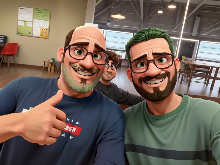 Dois amigos, um careca mostrando like, com barba curta, barba pequena, barba grisalha, o outro amigo com camisa verde, cabelos castanhos, cabelo raspado na lateral, barba castanha, barba curta, bespectacled, sorrindo.