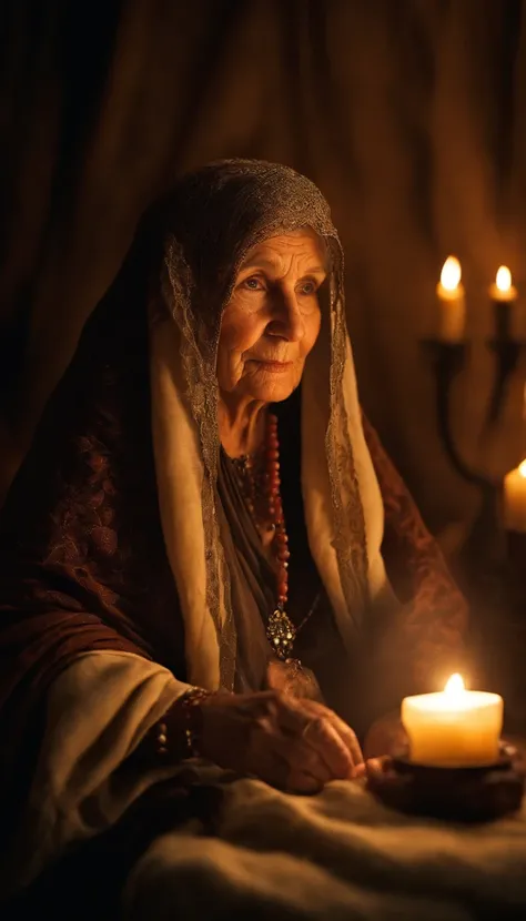 fortune teller. Intricate half body portrait of a very old Caucasian woman with wrinkles, illuminated by warm litted candles, with a backdrop of eerie dungeion . stunning interpretive visual, maximalist scarf and veil. f1.0lens, tilt-shift, shalllow DOF. d...