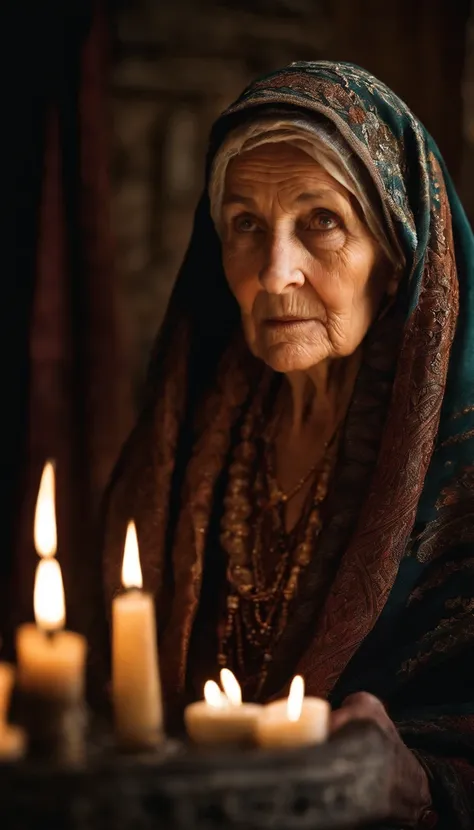 fortune teller. Intricate half body portrait of a very old Caucasian woman with wrinkles, illuminated by warm litted candles, with a backdrop of eerie dungeion . stunning interpretive visual, maximalist scarf and veil. f1.0lens, tilt-shift, shalllow DOF. d...