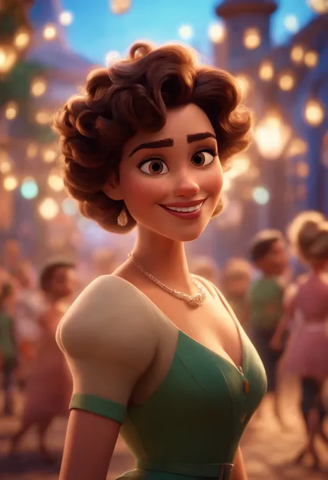 Pixar style image with 3D character white glasses brunette woman short curly hair dancing, Maquiagem Disney,Pescador, bonitinho, sorridente ,Close-up, Pixar, Disney, Cinema lighting,