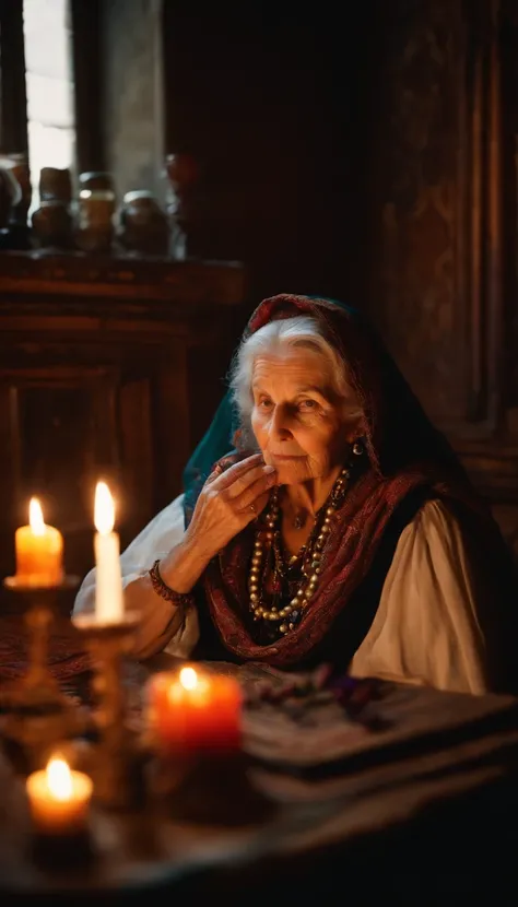 mystical environment with bright colors, incense, cards on the table and crystal ball, Intricate half body portrait of a very old Caucasian woman with wrinkles, illuminated by warm litted candles, with a backdrop of eerie dungeion . stunning interpretive v...