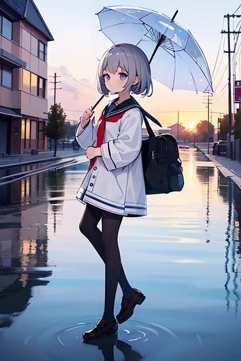 {High quality}, 1girl, gray hair, light purple eyes, high school girl, {black thin tights}, {white sailor suit}, {black part tie}, {student bag over shoulder}, {holding clear plastic umbrella}, {loafers}, {reflection in puddle}, raining,