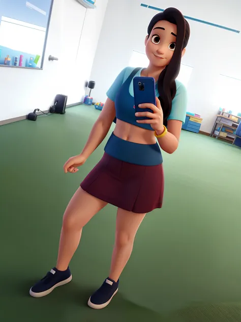 Uma mulher na academia segurando o celular estilo Disney Pixar, Alta qualidade