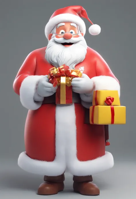 Santa Claus, Smiling, GIfts, Big Smile, desenhando no estilo de Arte 3D, c4d, fundo de cor branco puro, estilo disney, estilo pixar render ilustracao Super Detalhe, 8k