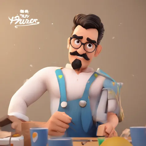 Criar um personagem no estilo Pixar. Trata-se de um homem de 30 anos, com barba, Branco, com cabelos castanhos curtos e um quiff, e olhos castanhos. Ele deve estar na frente de um computador, Trabalhar como designer