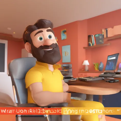 Criar um personagem no estilo Pixar. Trata-se de um homem de 30 anos, com barba, Branco, com cabelos castanhos curtos e um quiff, e olhos castanhos. Ele deve estar na frente de um computador, Trabalhar como designer