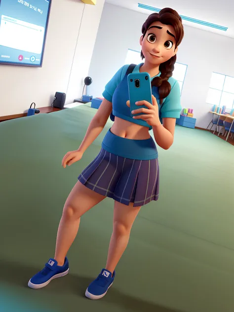 Uma mulher na academia segurando o celular estilo Disney Pixar, Alta qualidade, escrito na frente da imagem Disney Pixar