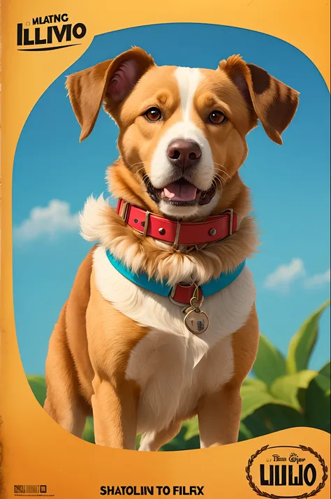 a Disney pixar inspired movie poster with the title Lilo. Lilo, big mixed breed female dog, cheerful, thin, with caramel short fur wearing a collar around her neck.