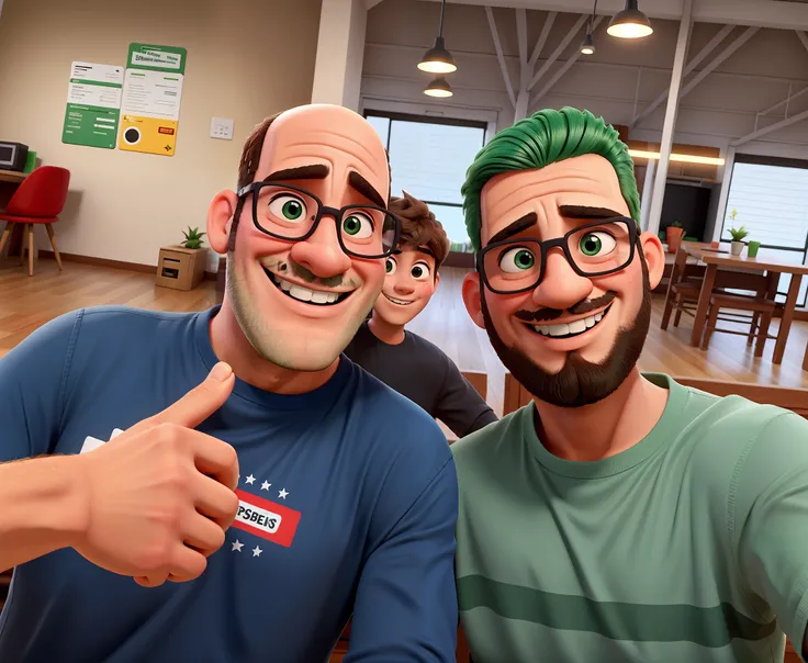 Dois amigos, um totalmente careca mostrando like, com barba curta, barba pequena, barba grisalha, o outro amigo com camisa verde, cabelos castanhos, cabelo marrom, cabelo raspado na lateral, barba castanha, barba curta, sorrindo. No one popping up behind t...