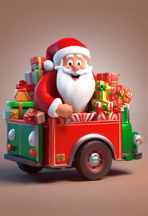 Santa Claus inside truck, Smiling, GIfts, Big Smile, desenhando no estilo de Arte 3D, c4d, fundo de cor branco puro, estilo disney, estilo pixar render ilustracao Super Detalhe, 8k