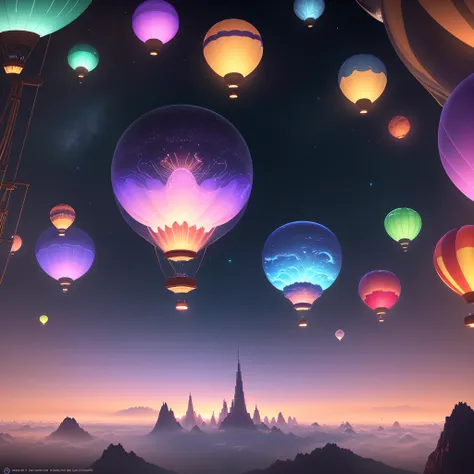 （（tmasterpiece，best qualtiy）），Beautiful 8K Ultra HD professional photos, Sharp focus, In a stunning fantasy world, A hot air balloon flies over this futuristic city，Retro cyberpunk，Strange hot air balloons,Colorful,A hot air balloon in the shape of a cute ...