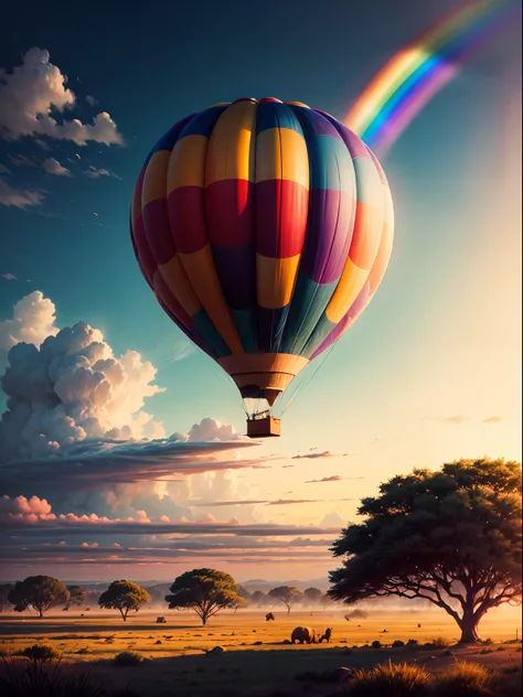 Hot air balloon on the savannah，There is a rainbow hanging in the sky