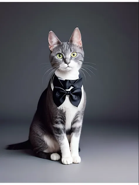 Dignified gray cat、Black bow tie、sitting on、with round face、The background is a black wall、Facing the front、A little plump、Looking here、The ground is black floor、hali々and has、mystical