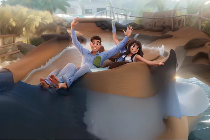 Smiling couple on water slide with arms up