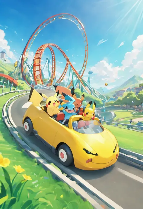 3d modeling poster, an oversized roller coaster rushing out of the scene, super perspective, empty seats on the car, through the grass, cartoon buildings in the background, light blue sky, white clouds, c4d, oc renderer, high definition