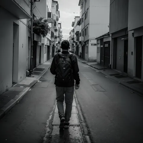 Monochrome gloomy portrait of a man in simple clothes and a backpack walking with his back to the viewer on an empty road, marcas no asfalto, Pinheiros no acostamento,  uma leve chuva caindo,