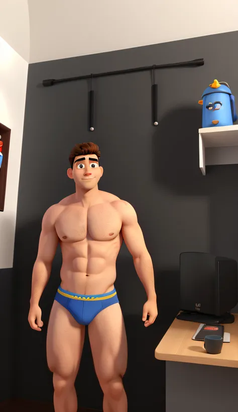 Um homem branco de cueca, musculoso, peito peludo estilo disney pixar, alta qualidade, melhor qualidade