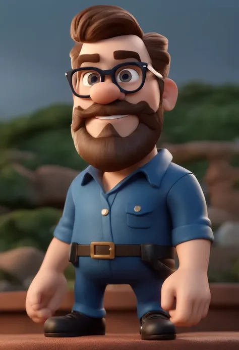 Cartoon character of a white man with a beard and curly gradient hair wearing black glasses and a blue shirt, um personagem animado, Caractere estilizado, animation style rendering, 3D estilizado, Arnold Maya render, 3 d render stylized, toon render keysho...