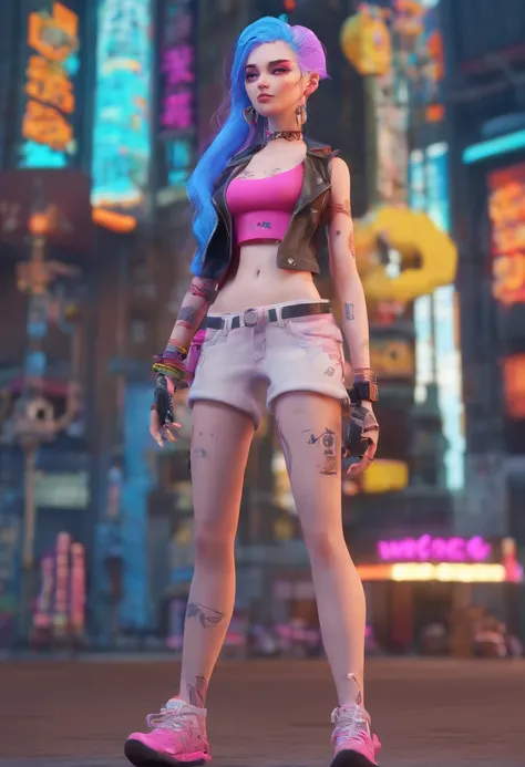 Jinx is a slender, sinewy, and white-skinned woman. She wears common punk street fashion typical for Zaunite youth. Her most noticeable features are her tattoos of stylized clouds, pink eyes, and really long blue hair that almost reaches to the ground