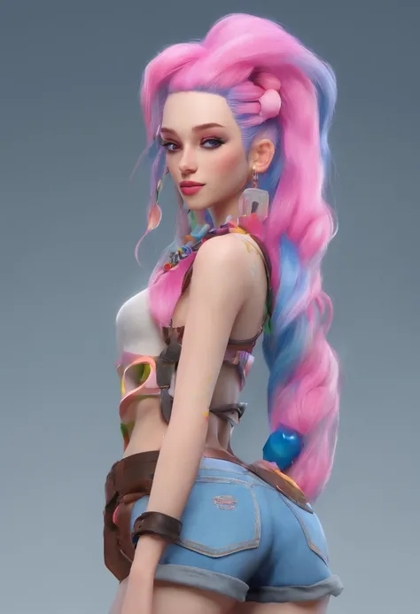 Jinx is a slender, sinewy, and white-skinned woman. She wears common punk street fashion typical for Zaunite youth. Her most noticeable features are her tattoos of stylized clouds, pink eyes, and really long blue hair that almost reaches to the ground