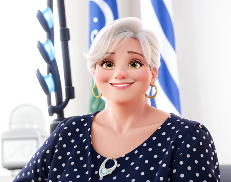 Mulher de 55 anos, meia idade, branca, sorridente, estilo Disney Pixar, alta qualidade, melhor qualidade