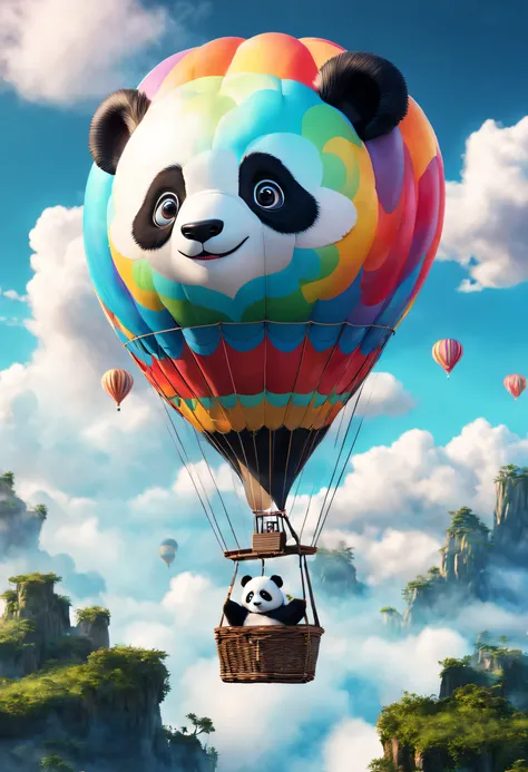 A strange hot air balloon,Colorful,A hot air balloon like a cute panda，In the clouds,beautiful sky,Surreal,Epic dreams,a fairy world,illustration,High quality,3D rendering of,Ultra-detailed,Photorealistic,Vibrant colors,Stunning lighting