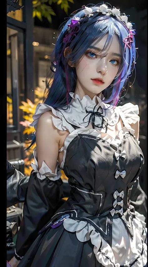 (a beautiful young female cosplayer,cosplaying rem from the anime re:zero,realistic),(full body,close shot),black and white maid...