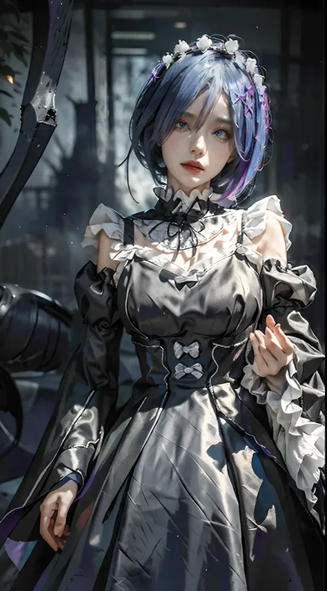 (a beautiful young female cosplayer,cosplaying rem from the anime re:zero,realistic),(full body,close shot),black and white maid...